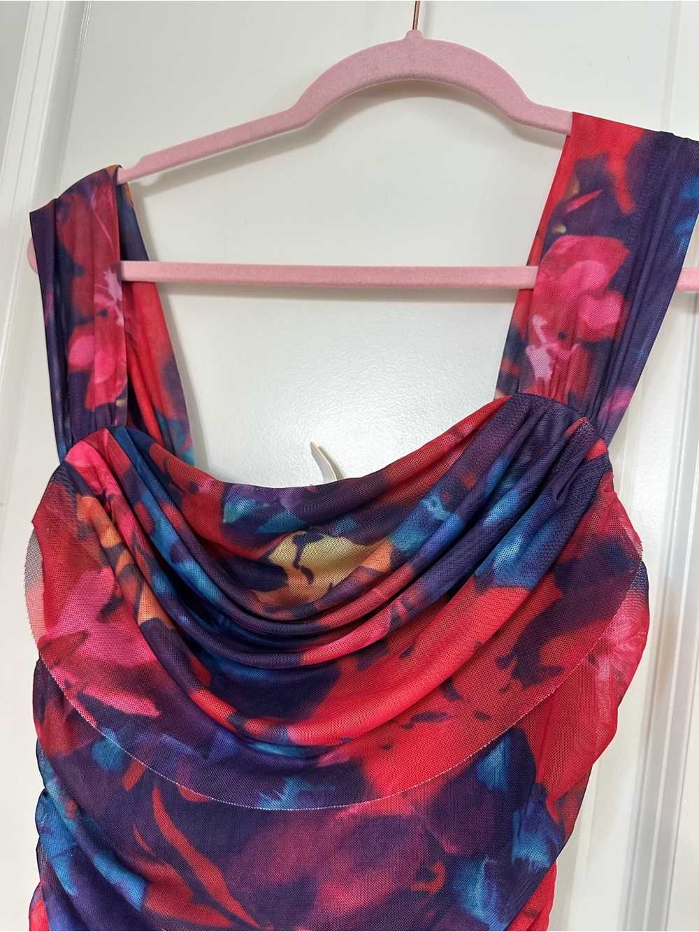 Amazon Pink Floral Mesh Maxi Dress with Blue Accents - Picture 7 of 13